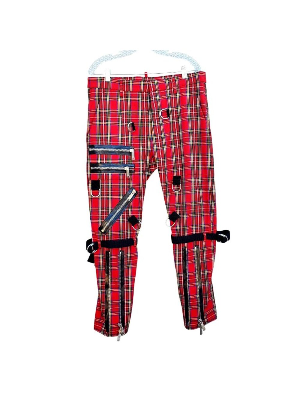 DSQUARED2 Red Plaid Bondage Pants Size 50 Punk Zipper D-Ring Italy